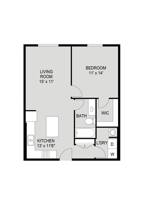 Floor plan for 1 bed, 1 bath, 644 sqft